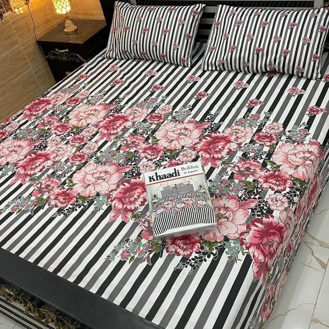 3 Pcs Cotton Salonica Printed Double BedSheet